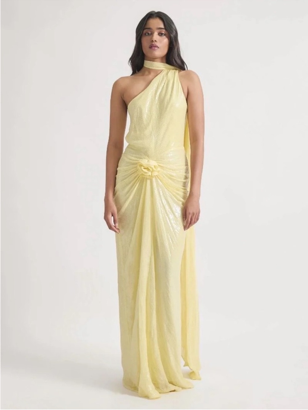 Deme One-Shoulder Yellow sequin Evening Gown with Draped Knot Detail